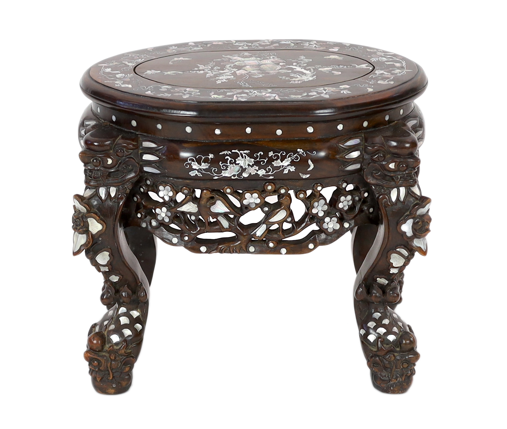 A Chinese hongmu and mother-of-pearl inlaid stool or stand, mid 20th century